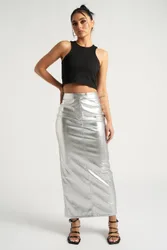 Women's PU Column Maxi Skirt in Silver Size: 14 - Silver - Size: 14