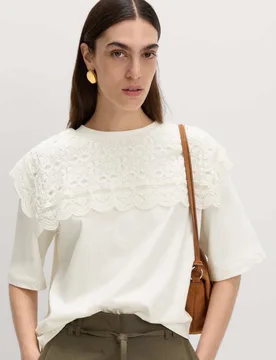 Pure Cotton Lace Bib T-Shirt Soft White female - M&S - FashionsVida