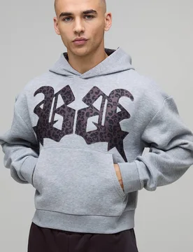 Herren Oversized Shrunken Boxy Hoodie Sweatshirt mit Leopardenmuster-Applikation Grey Marl Größe Medium - boohooMAN - FashionsVida