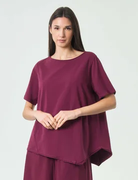 Top bordeaux in cotone stretch a maniche corte con fondo a punta - Jurerê - FashionsVida