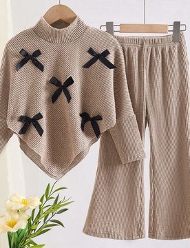 Conjunto de 2 piezas para niña joven, nuevo estilo casual de otoño/invierno, camiseta de punto acanalado con cuello alto, tejido cepillado, top beig