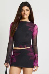 Womens Floral Printed Mesh Flare Sleeve Scoop Back Top - Black Elastane - Size 6 Uk