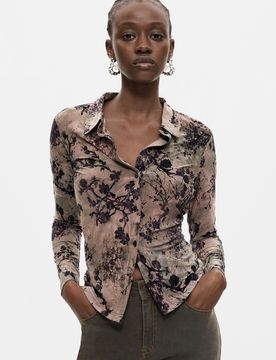 Chemise floquée, , Polyester, Noir, XS