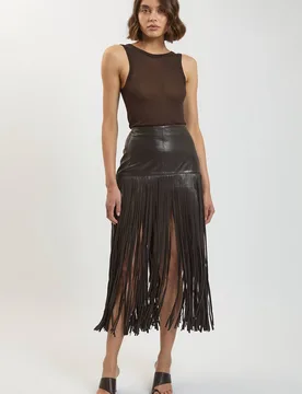 Women's Leather Tassel Midi Skirt in Chocolate Size: 8 - Chocolate - Size: 8 - Karen millen - FashionsVida