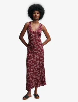 Superdry Damen Bedrucktes Maxi-kleid mit Sweetheart-ausschnitt Red - Größe: 38 - 64.99 - FashionsVida