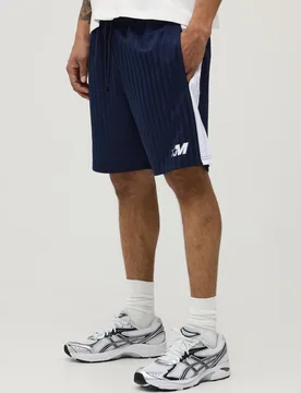 Mens Regular Fit Striped M Star Panelled Short - Navy Cotton - Size X-Small - boohooMAN - FashionsVida