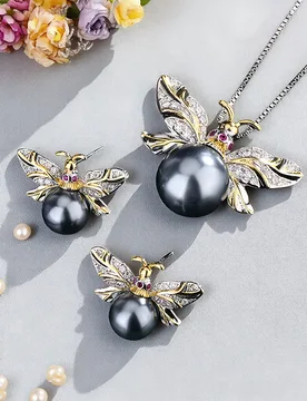 Pcs Elegant Vintage Jewelry Set for Women Grey Pearl Little Bee Necklace Shiny Crystal Choker Bridal Wedding Earrings Party - Aliexpress - FashionsVida