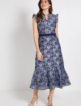 Womens Lace Ruffle Sleeve Midi Dress - Navy Polyamide - Size 16 Uk - Wallis - FashionsVida