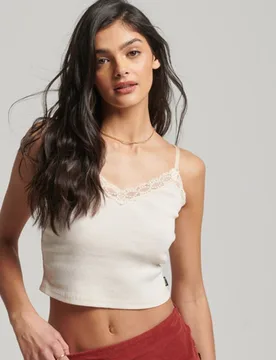 Superdry Damen Geripptes Trägertop mit Spitzenbesatz Beige - Größe: M/L - 24.99 - FashionsVida