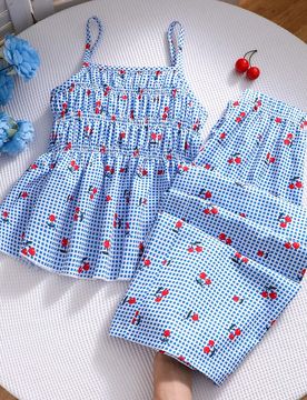 Conjunto de verano con top de tirantes a cuadros de cereza y pantalones rectos de cintura elástica para niñas