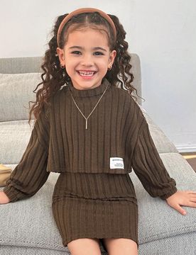 Conjunto de 2 piezas para niña joven, incluye: jersey de cuello redondo de manga larga de unicolor y vestido ajustado de estilo urban chic