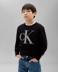 Maglione nero in puro cotone con maxi logo grigio tricot