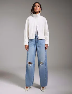 Ripped Drawstring Balloon Leg Jeans Blue Denim female - River Island - FashionsVida