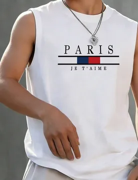 Camiseta sin mangas para niños con rayas de la bandera francesa y eslogan, chaleco casual suave con gráfico PARIS JE T'AIME - Shein - FashionsVida