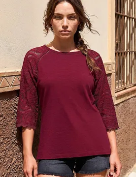 Women's Petite Contrast Sleeve Top in Wine Size: 16 - Wine - Size: 16 - Roman - FashionsVida