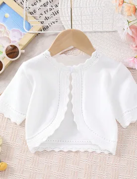 Cárdigan de punto de unicolor de manga corta para niñas con delicado encaje en el cuello y los puños, conjunto de moda elegante para la playa, adec - Shein - FashionsVida