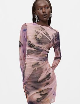 Robe imprimée à manches longues, , Polyester, Rouge, XS