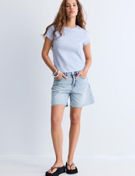 Figurbetontes T-Shirt mit kurzen Ärmeln und Grafik Himmelblau L