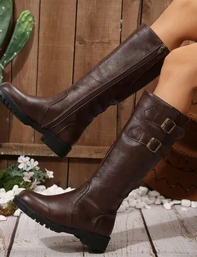 Botas ecuestres negras de moda de invierno 2024, con hebilla decorativa, pierna recta, sobre la rodilla, adelgazantes, color marrón para mujer, fiest - Shein - FashionsVida