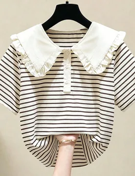 Camiseta de manga corta de verano, nueva blusa con volantes y rayas de estilo moderno, cuello Peter Pan, dulce atuendo de vuelta a la escuela para ni? - Shein - FashionsVida