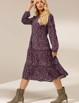 Floral Ruffle Midi Dress - Black - Size: 14 - M&Co - FashionsVida