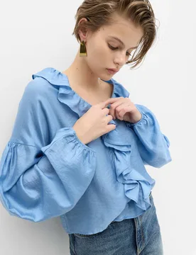Lyocell-Rich V-Neck Ruffle Detail Blouse Blue female - M&S - FashionsVida