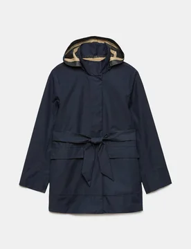 Twill Waterproof Belted Hooded Short Raincoat Navy female - Jaeger - FashionsVida