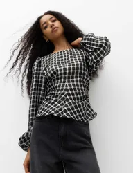 Checked Gathered Waisted Blouson Sleeve Blouse Black Mix female