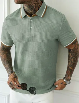 Camisa polo de manga corta a rayas casual para ir al trabajo para hombres - Shein - FashionsVida