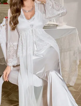 Conjunto de bata y camisón de lujo con adorno de encaje 3D, bata blanca de novia y pijama para mujer, conjunto de bata de novia - Shein - FashionsVida