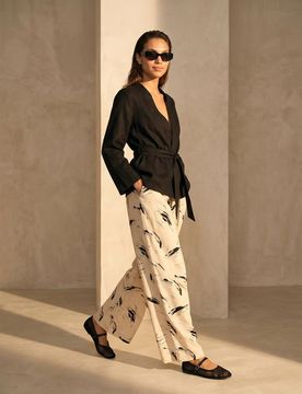 Pantaloni wide leg in viscosa con misto lino e motivo astratto - multicolor