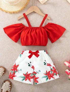 Set de 2 piezas para niñas preadolescentes: Top con hombros descubiertos de unicolor y shorts con estampado floral y detalle de moño, adecuado para - Shein - FashionsVida