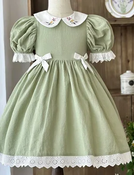 Vestido de niña con mangas abullonadas, encaje y dobladillo en línea A, adecuado para uso diario, festivales, reuniones familiares y ocasiones espec - Shein - FashionsVida