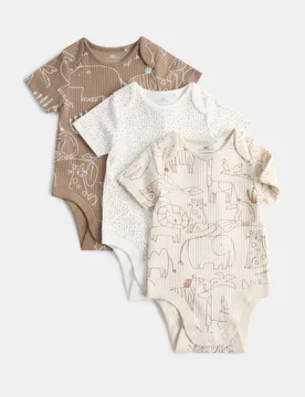 Pack Cotton Rich Safari Bodysuits (7lbs - 3 Yrs) Cream Mix unisex - M&S - FashionsVida
