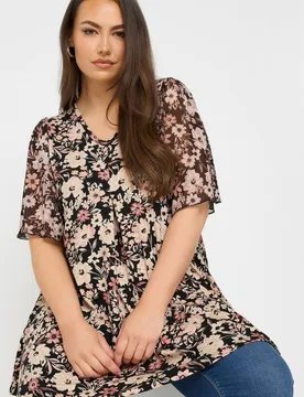 Women's Floral Mesh Sleeve Pleated Top in Black Size: 18 - Black - Size: 18 - Yours - FashionsVida