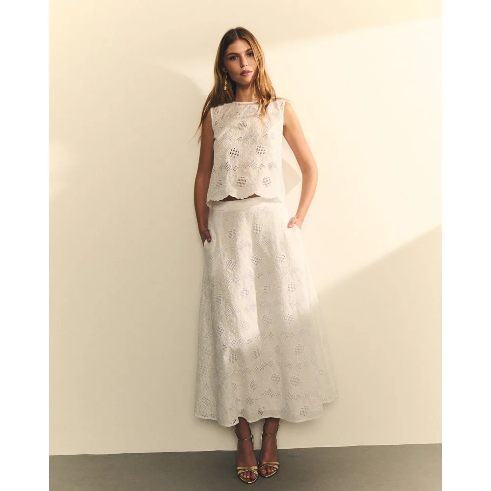 Falda de largo midi con broderie floral - Hannibal Laguna Collection - FashionsVida