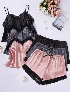 Piezas Conjunto de ropa de dormir de talla grande de seda sintética de bloque de color con encaje - Shein - FashionsVida