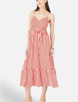 Women's Stripe Midi Sun Dress in Red Size: 14 - Red - Size: 14 - Yumi - FashionsVida
