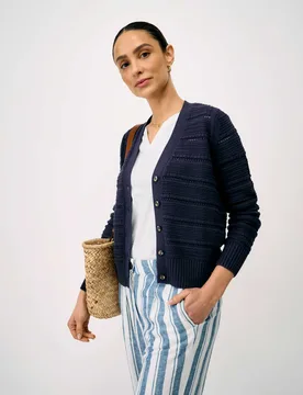 Pure Cotton Textured V-Neck Cardigan Navy female - Crew Clothing - FashionsVida