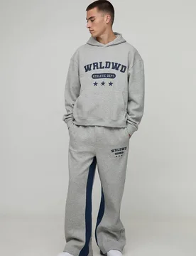 Men's Oversized Boxy Worldwide Star Varsity Hooded Gusset Tracksuit Grey Marl Size Large Grey Marl L - boohooMAN - FashionsVida
