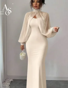 Ivory strapless mermaid-style floor-length formal gown featuring a high-neck cape and a draped skirt - Aliexpress - FashionsVida