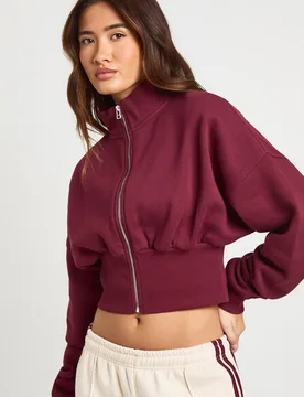 Womens Funnel Neck Cinched Waist Zip Through - Burgundy Cotton - Size Medium - Boohoo - FashionsVida