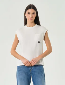 T-shirt smanicata girocollo bianca con taschino sul davanti e logo - Roy Roger's - FashionsVida