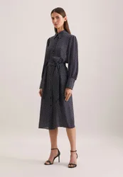 Gemustertes Hemdblusenkleid mit Taillengürtel Blau 36