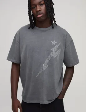 Herren Übergroßes T-Shirt Mit Strassstein-Blitz Charcoal Größe Large - boohooMAN - FashionsVida