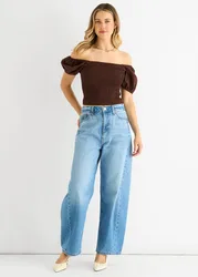 Women's Chocolate Puff Sleeve Shirred Cotton Top Size: 14 - Chocolate - Size: 14