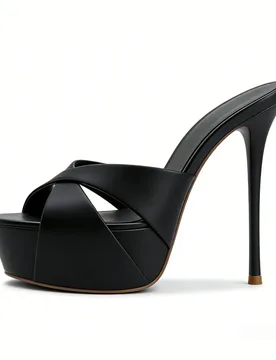 Arden Furtado Summer Black PU Platform outdoor thin heels Peep toe Mules Round toe Super high heel Word slippers Catwalk shoes - Aliexpress - FashionsVida