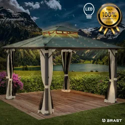 Alu Pavillon PAGODE 3,5x3,5m beige mit Moskitonetz & LED-Beleuchtung