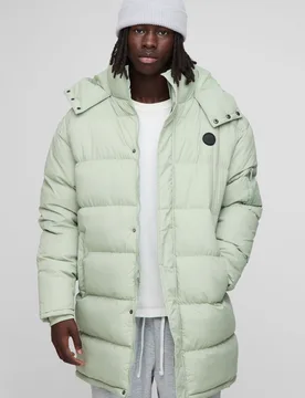Mens Regular Fit Hooded Longline Puffer Jacket - Green Polyamide - Size Large - boohooMAN - FashionsVida