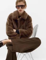 Faux Fur Collared Short Jacket Brown female